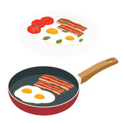 Cooking breakfast concept. Eggs and bacon on frying pan. Dish with tomatoes slice, fried bacon and eggs. Morning food