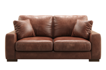 A front view of a two-seater brown leather sofa.  Dark-brown leather, tufted cushions, simple design