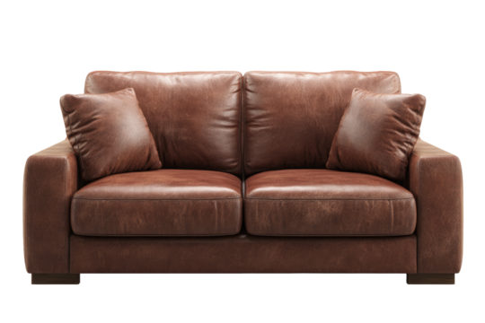 A front view of a two-seater brown leather sofa.  Dark-brown leather, tufted cushions, simple design
