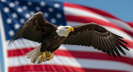 Naklejka premium Bald eagle soars in front of american flag