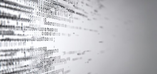 The binary code flowing across a minimalist monochrome background evoking digital information