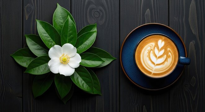 Coffee latte art next to a white flower and leaves