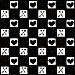 A seamless black and white pattern featuring alternating heart shapes and crossed arrows in square tiles. This minimalist and romantic design is perfect for Valentine’s Day, wedding backgrounds