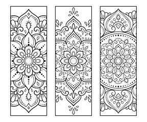 Printable bookmark for book - coloring. Set of black and white labels with flower patterns, hand draw in mehndi style. Sketch of ornaments for creativity of children and adults with colored pencils.
