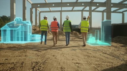 Construction workers are walking on a construction site