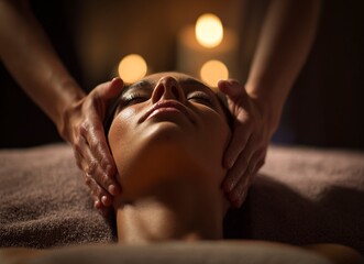 A woman is lying on her back in the spa, and the hands of a female massage therapist are positioned above her head, performing a facial treatment. 