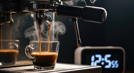 Espresso pouring from machine into cup