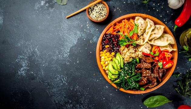 Colorful Asian bowl with quinoa, vegetables, and dumplings