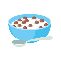 Vector illustration of crispy chocolate cereal balls in bowl with milk and spoon