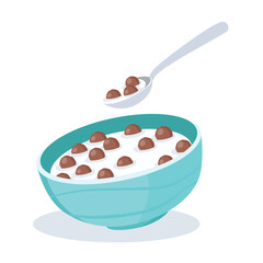 Vector illustration of crispy chocolate cereal balls in bowl with milk and spoon