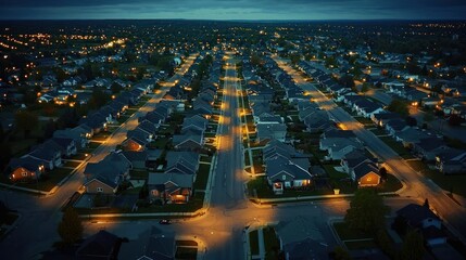 Aerial view of suburban neighborhood at night.