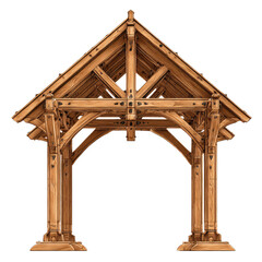 Detailed illustration of a wooden arched entryway.  A light brown,  ornamental, timber-framed structure.  Triangle-shaped roof supports,  arched doorway,  and sturdy pillars.  Classic design