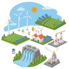 Fototapeta premium An illustrative concept of various energy generation methods, from sustainable green sources to traditional industrial power plants