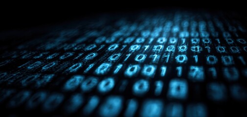 The Binary Code Stream on a Futuristic Blue Digital Data Surface
