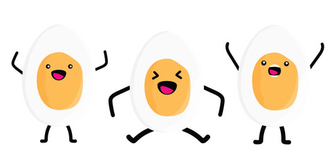 Egg character set collection. Smiling and happy eggs. Cute boiled eggs with kawaii funny cartoon faces in different poses