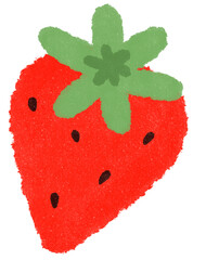 A simple hand-drawn strawberry illustration with green leaves and black seeds.
