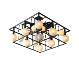 Square, dark metal ceiling fixture with multiple, glowing orbs