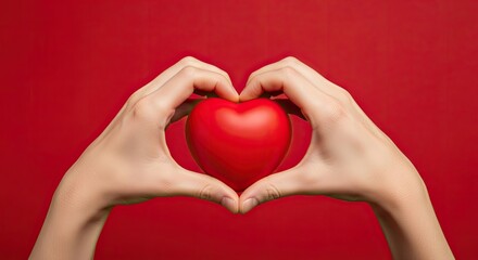 Fototapeta premium Hands forming a heart shape around a red heart