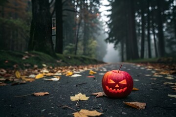 Spooky Red Apple Jack-o’-Lantern Halloween Carved Face Eerie Forest Scene