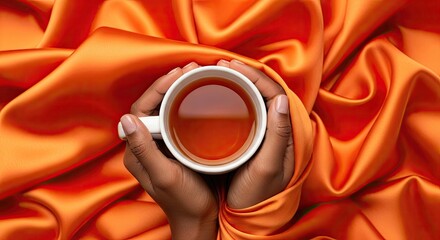Hands holding a cup of tea against a flowing orange silk fabric