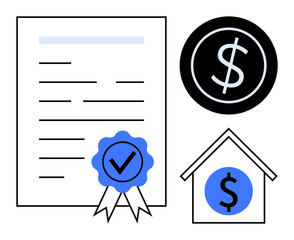 Certified document with award ribbon, dollar coin graphic, and house icon. Ideal for finance, contracts, real estate, mortgage, certification investment agreements. Simple flat metaphor