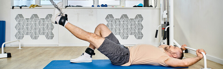 Man engages in rehabilitation exercises at a modern clinic to regain strength