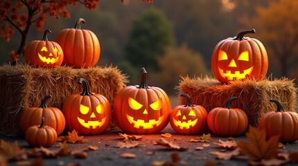 Fototapeta premium Pumpkins, Carved Jack-O’-Lanterns, And Hay Bales Highlighting Halloween Decor