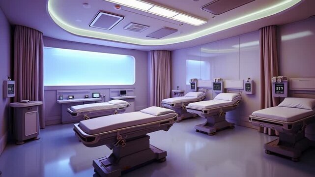 Futuristic hospital interior featuring advanced medical beds and lighting