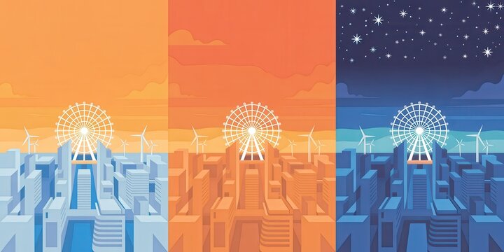 Experience the city's vibrant energy with a Ferris wheel and wind turbines at different times of day