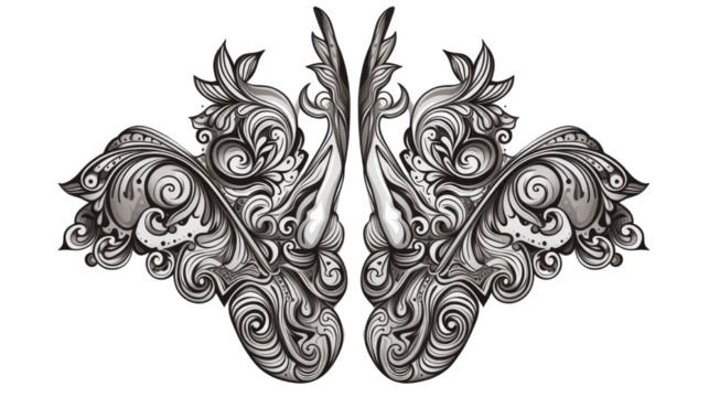 Intricate black and white ornamental floral swirl symmetrical vintage decorative pattern art isolated on white background