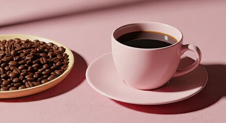 Fototapeta premium Pink cup of coffee with coffee beans on a pink background