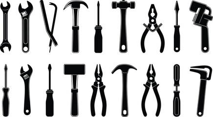 Outlined set of hand tools, hammer, wrench, screwdriver, pliers, adjustable wrench, mallet, toolkit, DIY tools, repair tools, construction equipment icons