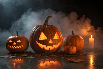 Spooky Halloween Pumpkin Group Carved Jack-o’-Lantern Glowing Faces Dark Scene