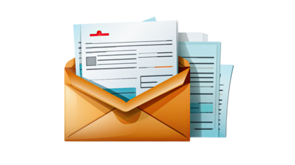 Yellow envelope with business documents paperwork and letters inside office mail communication concept isolated on white background