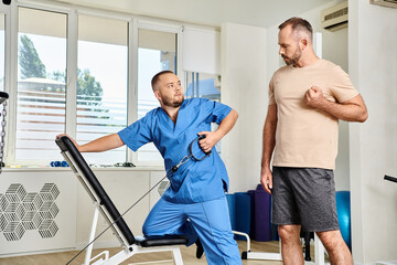 Rehabilitation session focusing on physical recovery and strength training at a clinic