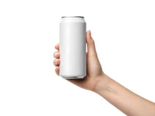 Hand holding a white aluminum can isolated on transparent background
