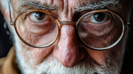 Close-up portrait of an elderly man with glasses, showcasing deep wrinkles and expressive eyes, reflecting wisdom and life experiences in a thoughtful gaze