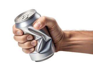 Hand crushing a silver aluminum soda can isolated on transparent background