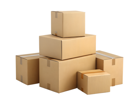 Stack of cardboard moving boxes isolated on transparent background