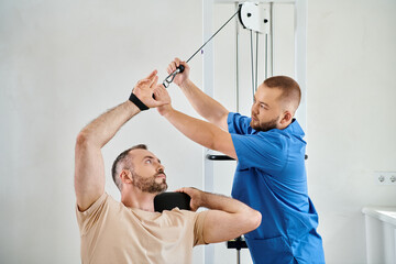 Patient engages in rehab exercises under skilled guidance at a physiotherapy center