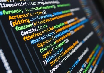 Bright programming code text displayed on monitor