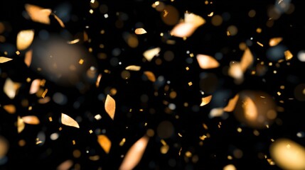 Gold confetti overlay on dark black background, sparkling effect overlay for celebration or holiday atmosphere with glowing glitter, festive background. Ai Generative