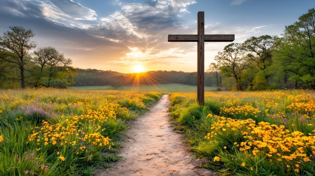 Wooden cross standing in field of flowers at sunrise guiding path to hope and faith