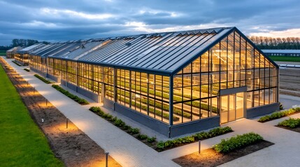 Obraz premium Illuminated greenhouses growing crops at dusk, modern farming technology