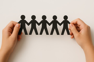 Paper figures of people in hands. Unity. Social projects. Charity. Children's hands holding paper people. Peace symbol