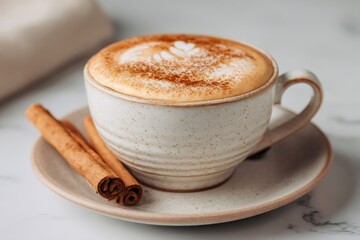 Cappuccino in ceramic cup, dusted with cinnamon powder, accompanied by cinnamon sticks resting on marble surface