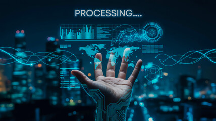 Human hand interacting with futuristic digital interface and data visualization