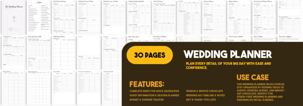 wedding,planner,checklist flat vector illustration of a 30 page digital wedding planner template with organizer checklists and budget trackers - Powered by Adobe