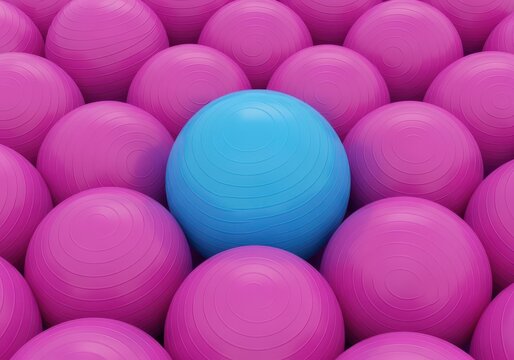 Bright blue stability ball among magenta spheres