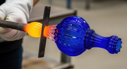 Glassblower shaping hot molten blue glass artwork.